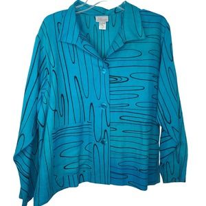 Kay Chapman Blouse Top Blue Black Linen Long Sleeve Art to Wear Lagenlook Boxy